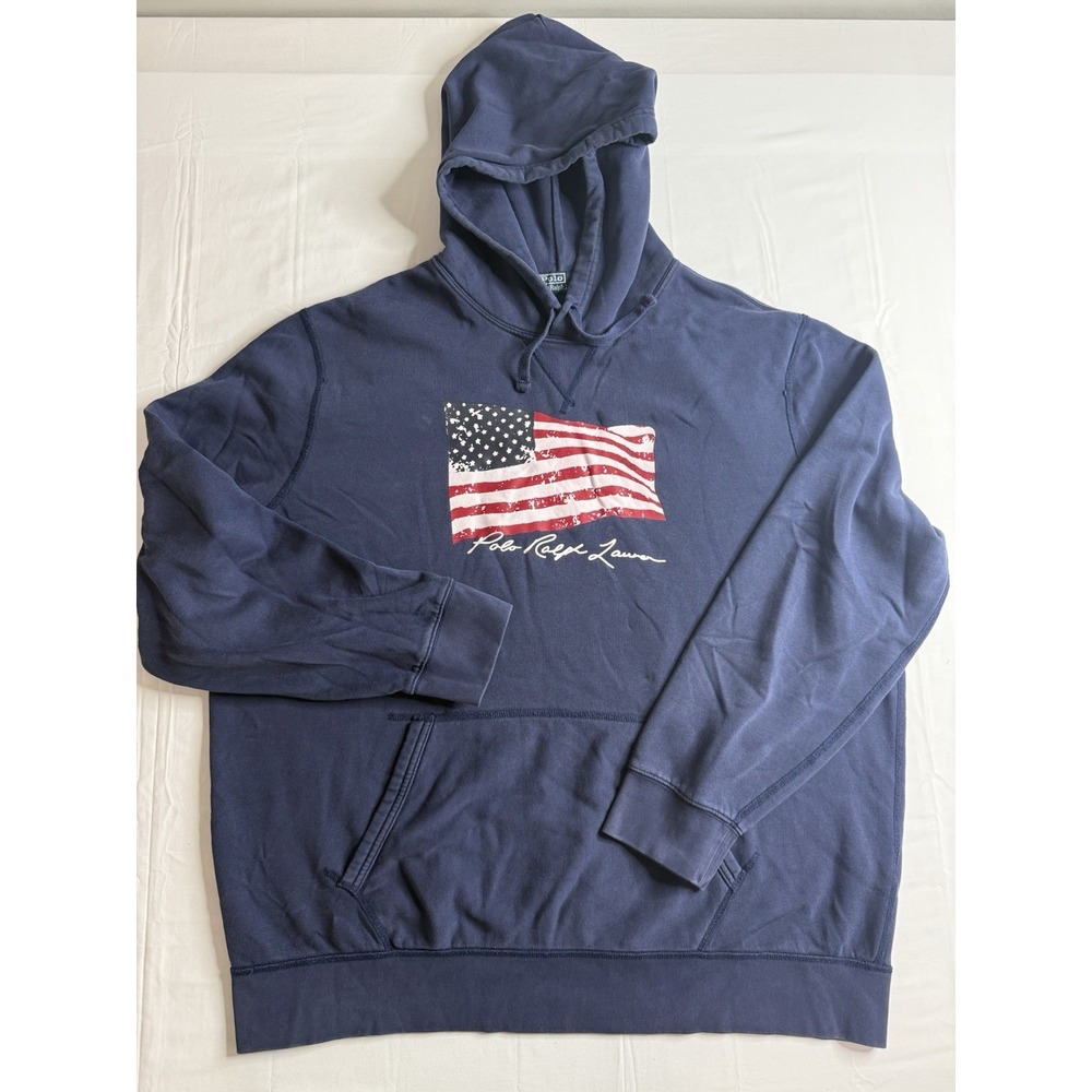 Polo Ralph Lauren American Flag Fleece Hoodie Men's XXL Navy Spellout Patriotic